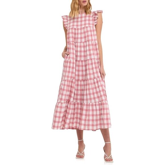 English Factory Size S Pink & White Gingham Textured Tiered Babydoll Maxi Dress - Picture 1 of 16